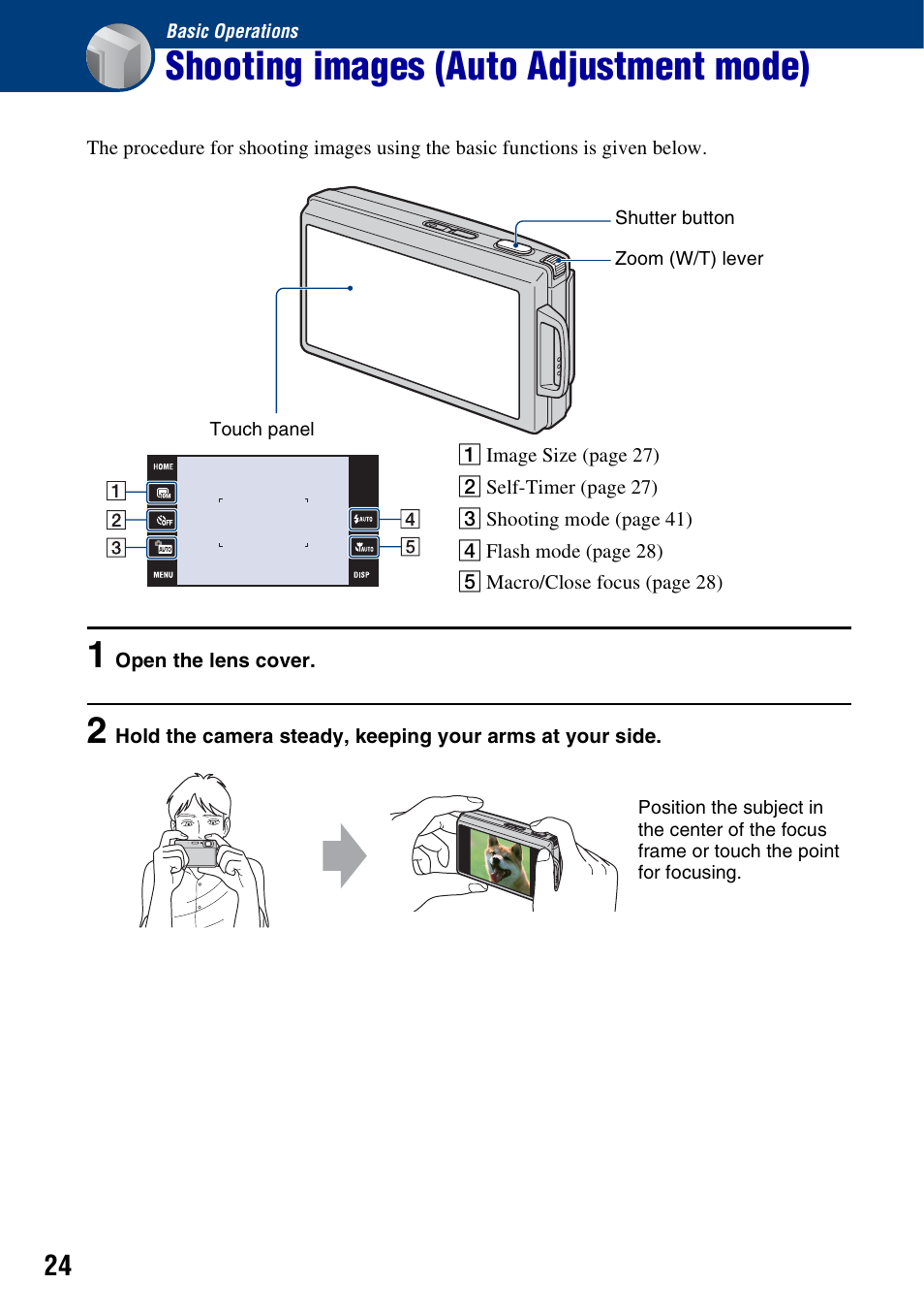 Basic operations, Shooting images (auto adjustment mode) | Sony DSC-T300 User Manual | Page 24 / 147