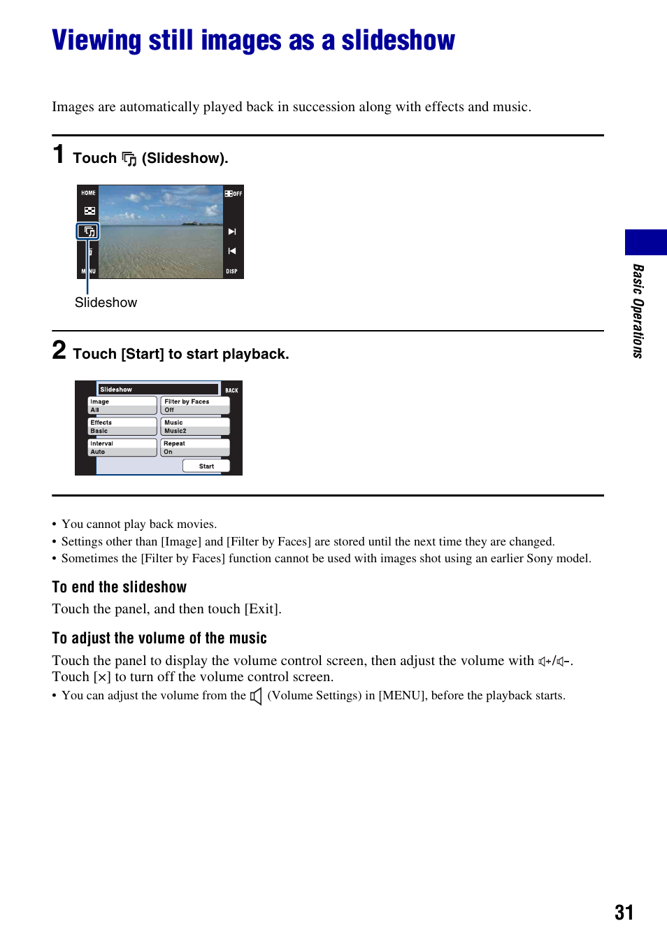Viewing still images as a slideshow | Sony DSC-T300 User Manual | Page 31 / 147