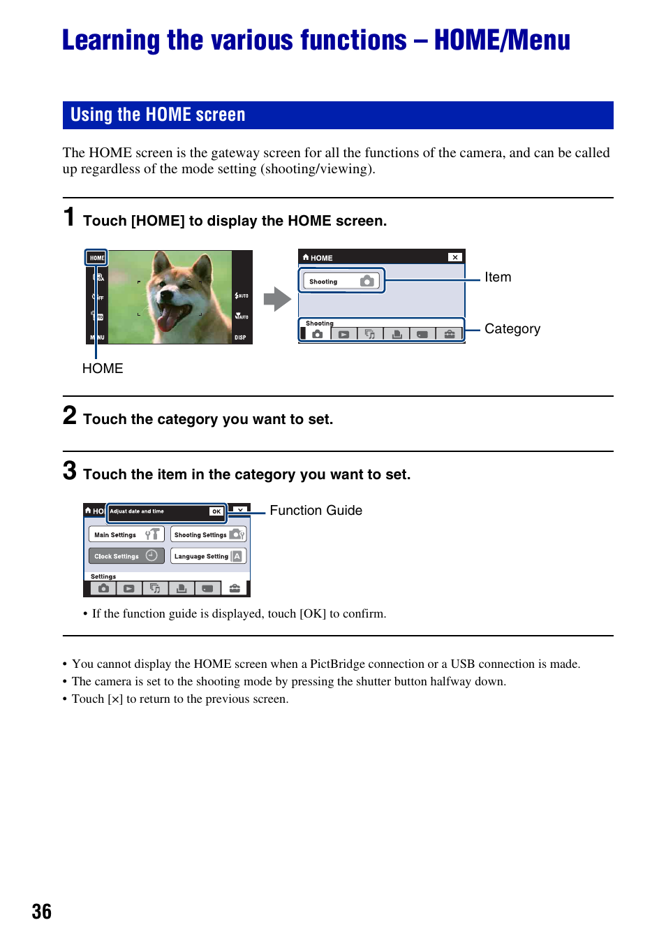 Learning the various functions - home/menu, Learning the various functions – home/menu | Sony DSC-T300 User Manual | Page 36 / 147