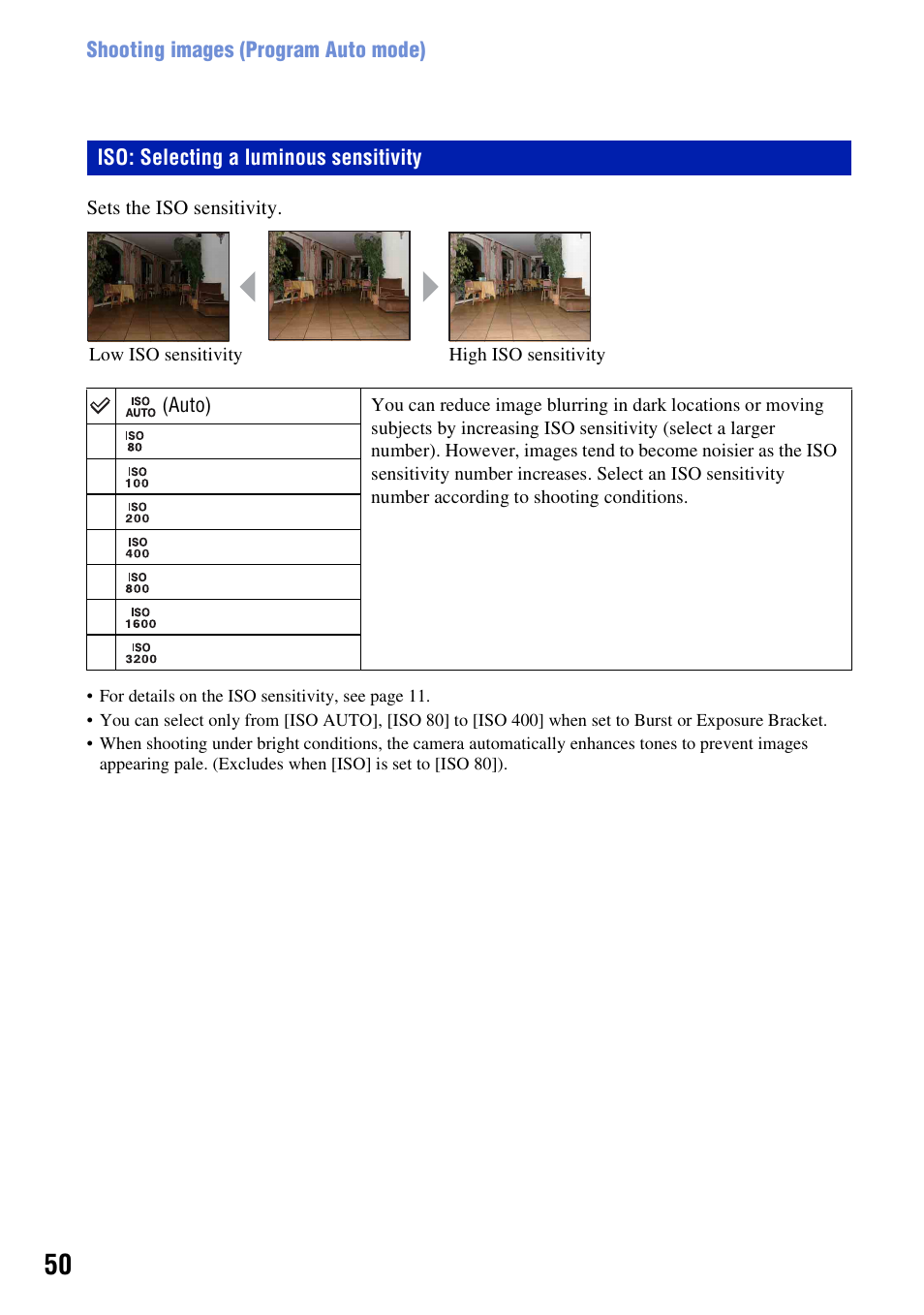 Iso: selecting a luminous sensitivity | Sony DSC-T300 User Manual | Page 50 / 147