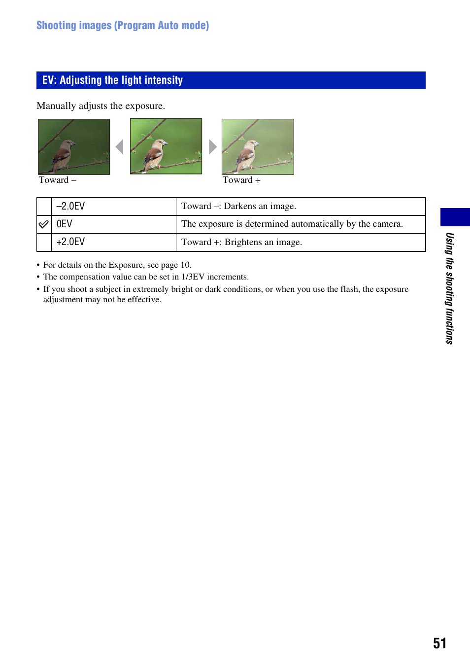 Ev: adjusting the light intensity | Sony DSC-T300 User Manual | Page 51 / 147