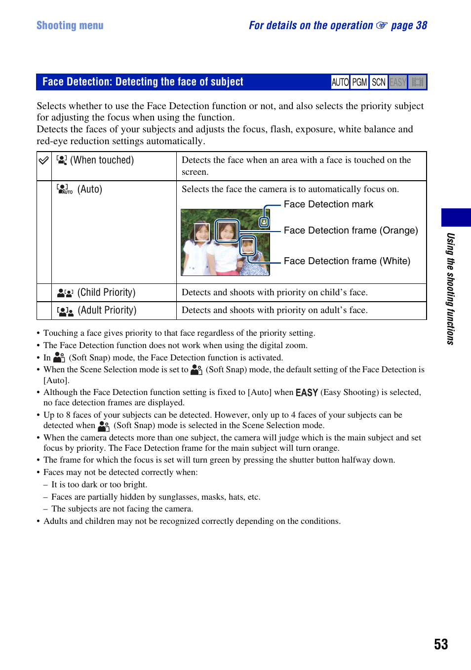 Face detection: detecting the face of subject | Sony DSC-T300 User Manual | Page 53 / 147