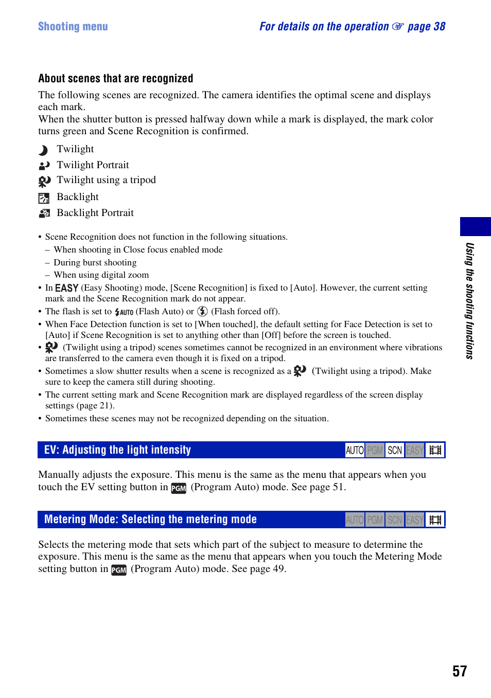 Ev: adjusting the light intensity, Metering mode: selecting the metering mode | Sony DSC-T300 User Manual | Page 57 / 147