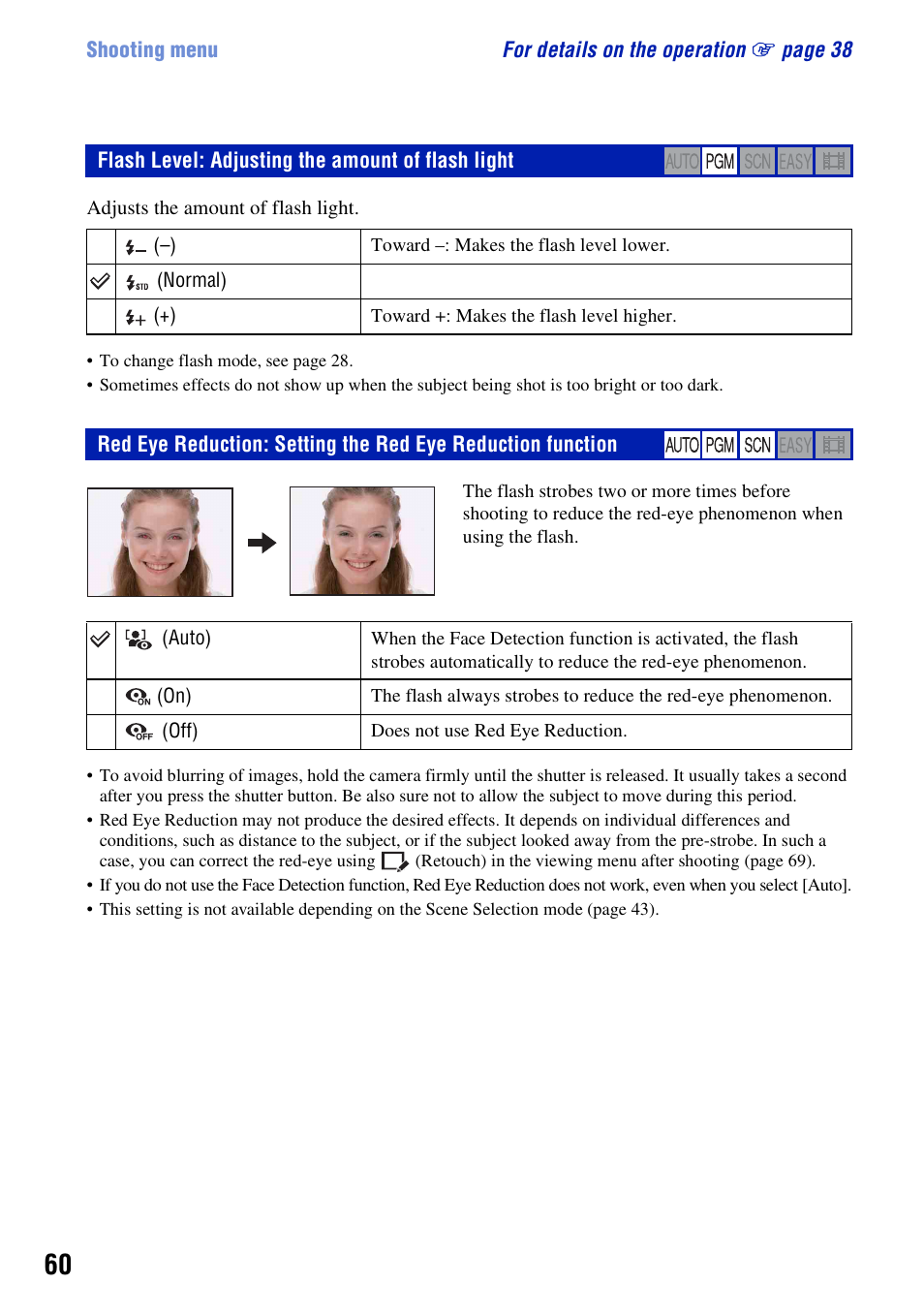 Flash level: adjusting the amount of flash light, L (60) | Sony DSC-T300 User Manual | Page 60 / 147