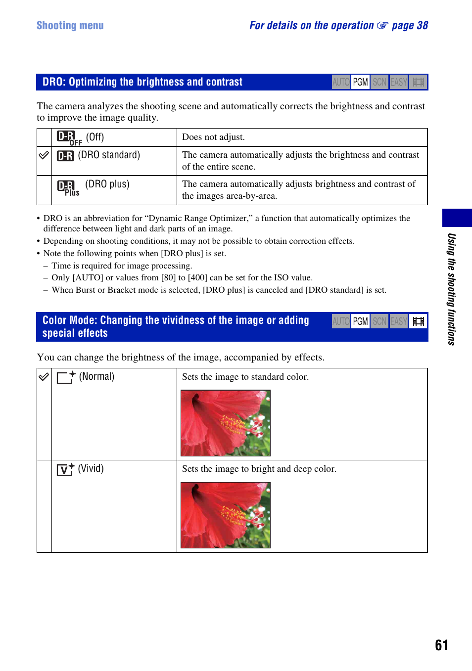 Dro: optimizing the brightness and contrast, O (61) | Sony DSC-T300 User Manual | Page 61 / 147