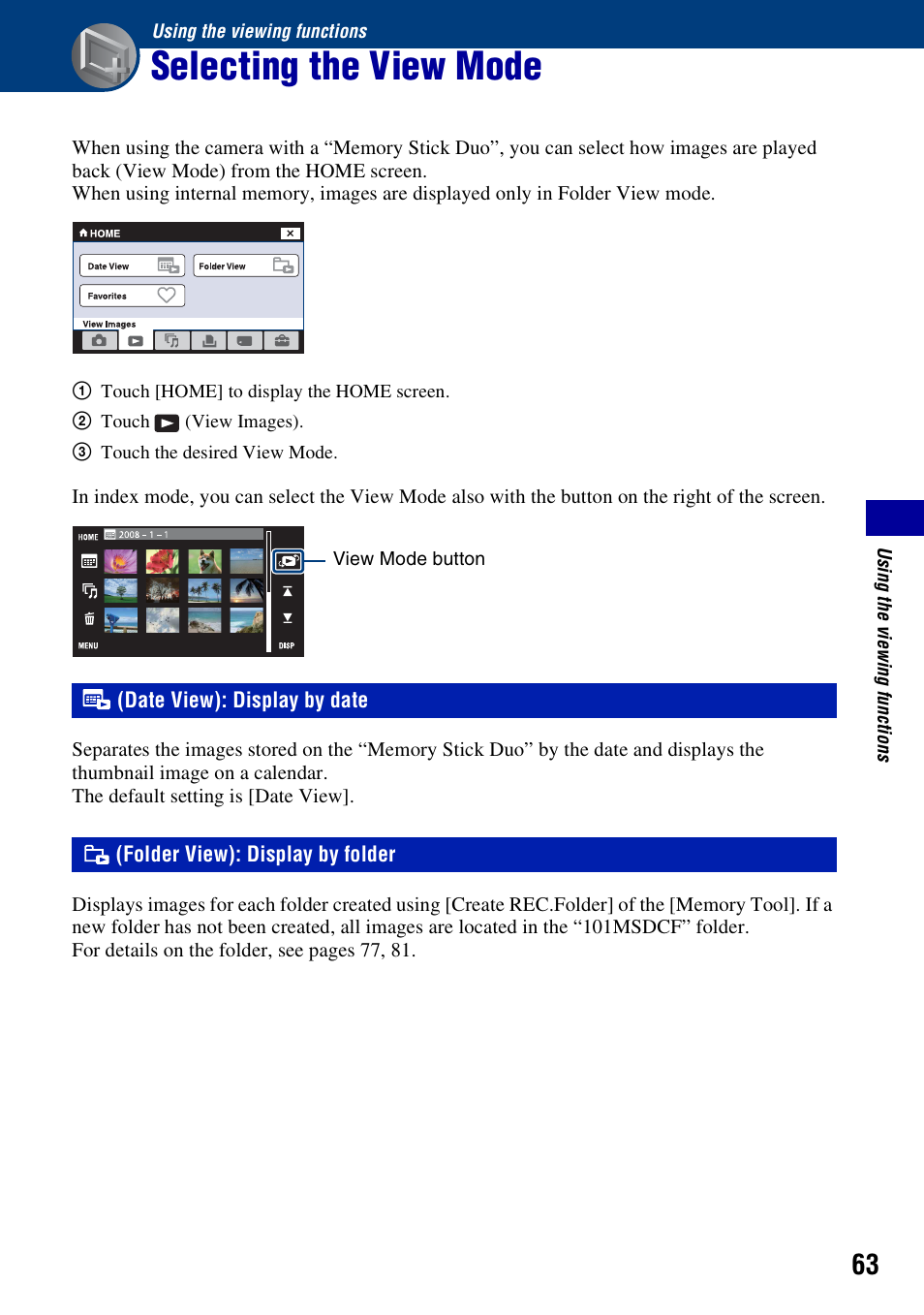 Using the viewing functions, Selecting the view mode, Date view): display by date | Folder view): display by folder | Sony DSC-T300 User Manual | Page 63 / 147