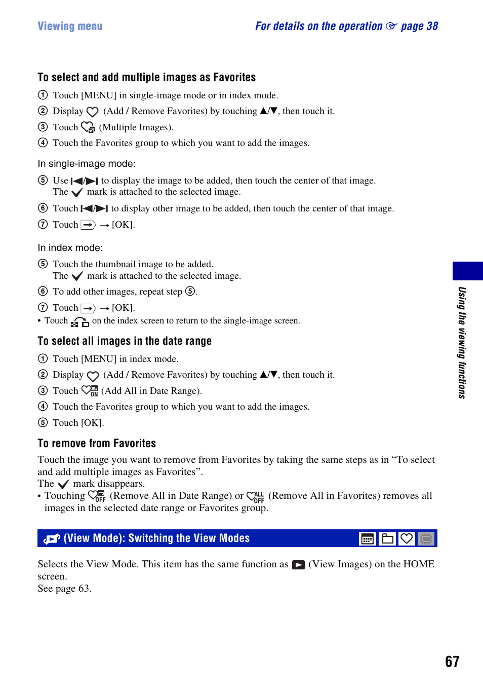 View mode): switching the view modes | Sony DSC-T300 User Manual | Page 67 / 147