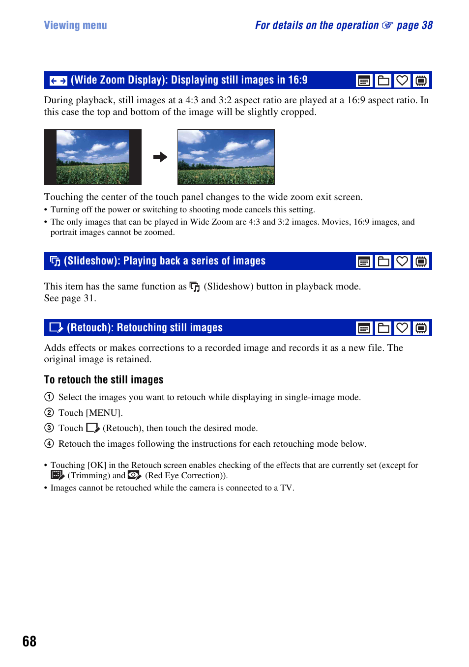 Slideshow): playing back a series of images, Retouch): retouching still images | Sony DSC-T300 User Manual | Page 68 / 147