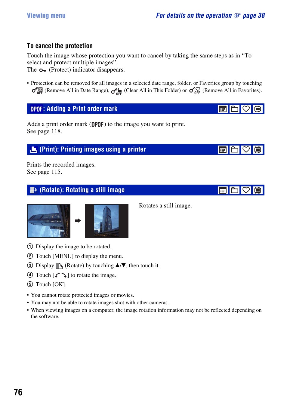 Dpof: adding a print order mark, Print): printing images using a printer, Rotate): rotating a still image | Adding a print order mark | Sony DSC-T300 User Manual | Page 76 / 147