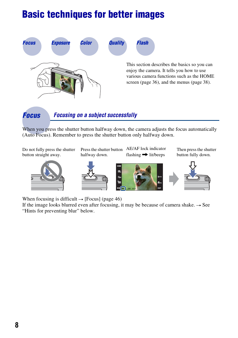 Basic techniques for better images, Focus - focusing on a subject successfully, Focus – focusing on a subject successfully | Focus | Sony DSC-T300 User Manual | Page 8 / 147