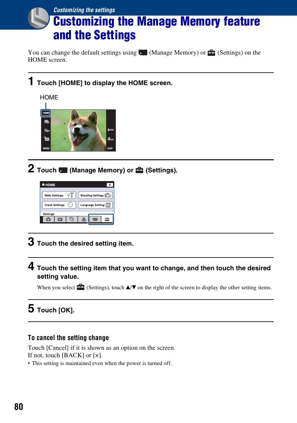 Customizing the settings | Sony DSC-T300 User Manual | Page 80 / 147