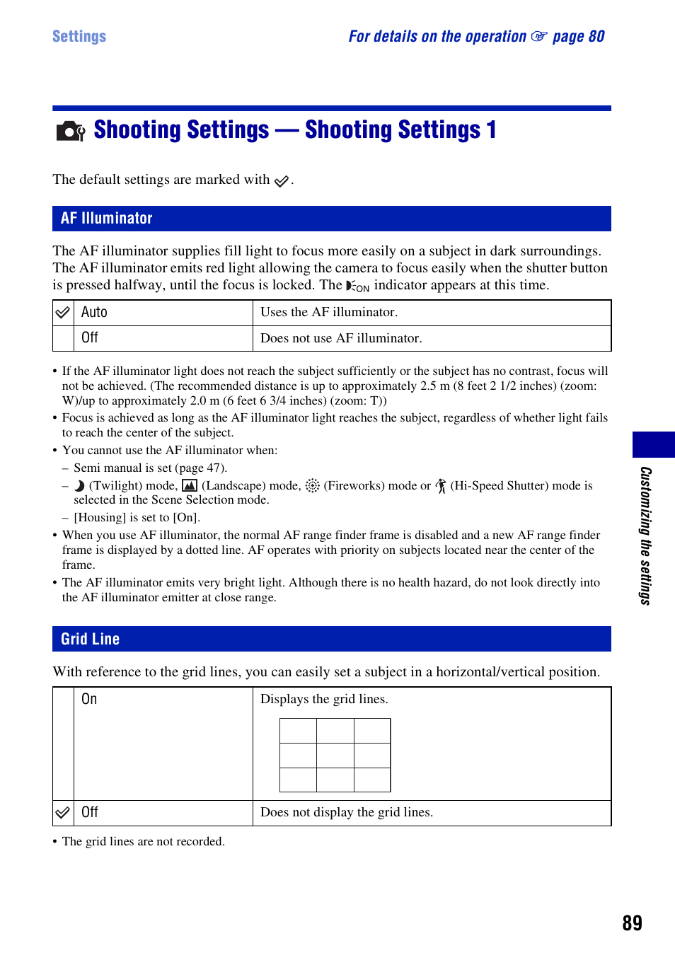 Shooting settings - shooting settings 1, Af illuminator, Grid line | Shooting settings — shooting settings 1, R (89) | Sony DSC-T300 User Manual | Page 89 / 147