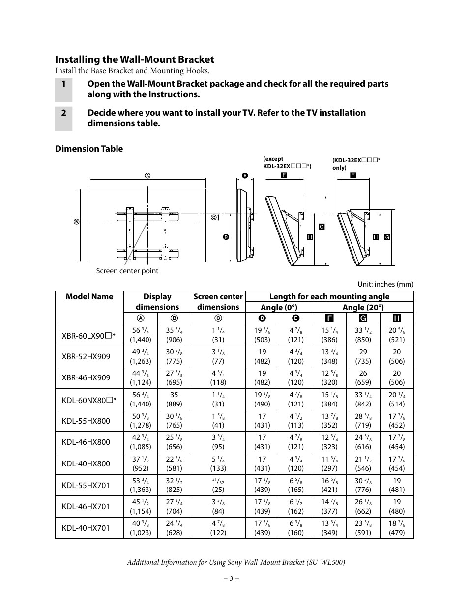 Installing the wall-mount bracket, Install the base bracket and mounting hooks, Xbr-60lx90 | Kdl-60nx80 | Sony KDL-46EX700 User Manual | Page 3 / 10