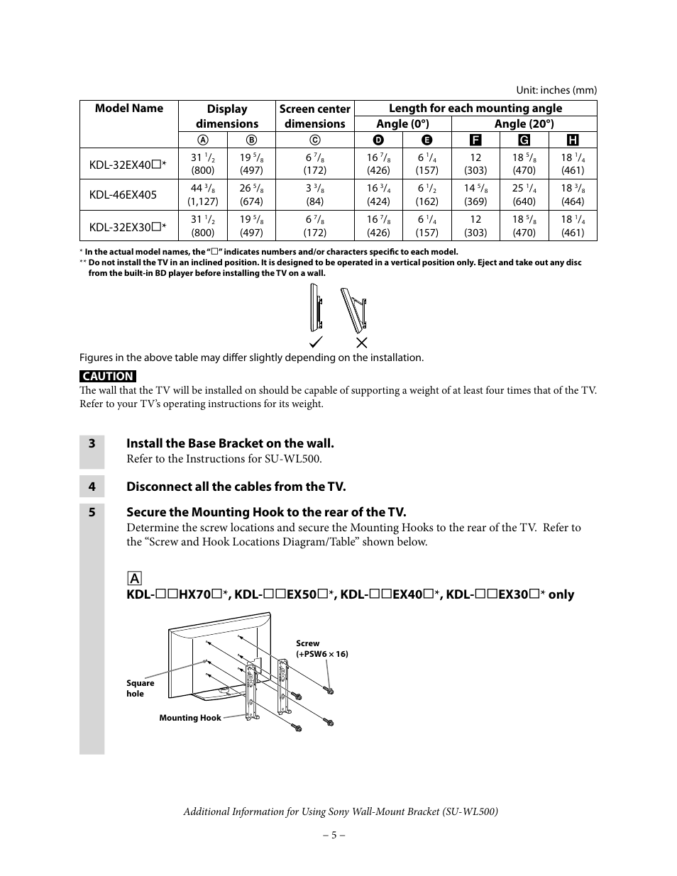 3install the base bracket on the wall | Sony KDL-46EX700 User Manual | Page 5 / 10