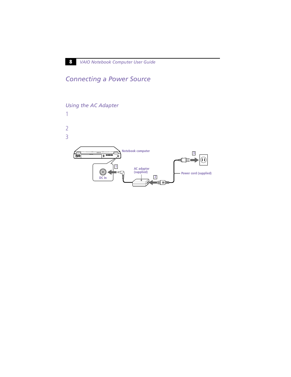 Connecting a power source, Using the ac adapter | Sony PCG-F360 User Manual | Page 18 / 98