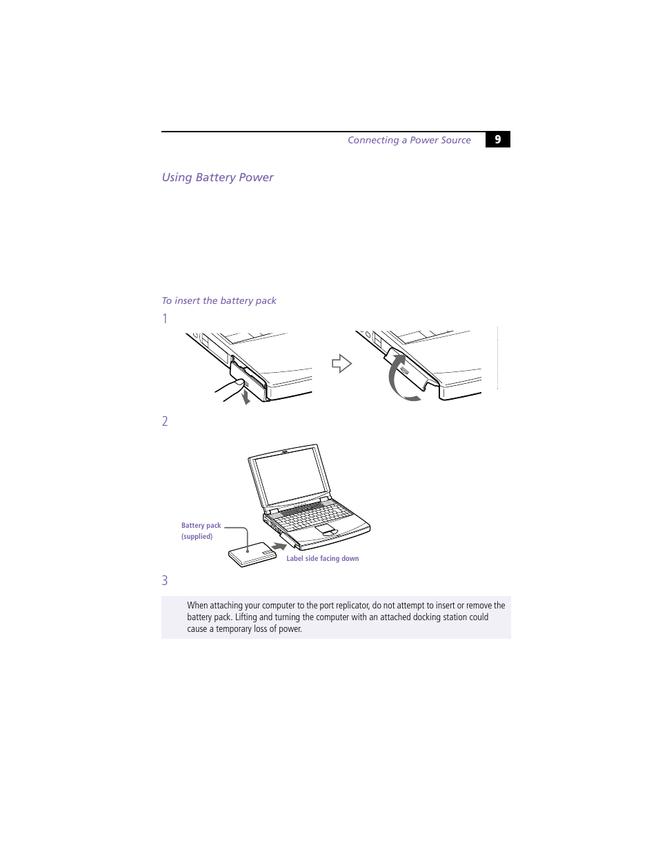 Using battery power, To insert the battery pack | Sony PCG-F360 User Manual | Page 19 / 98