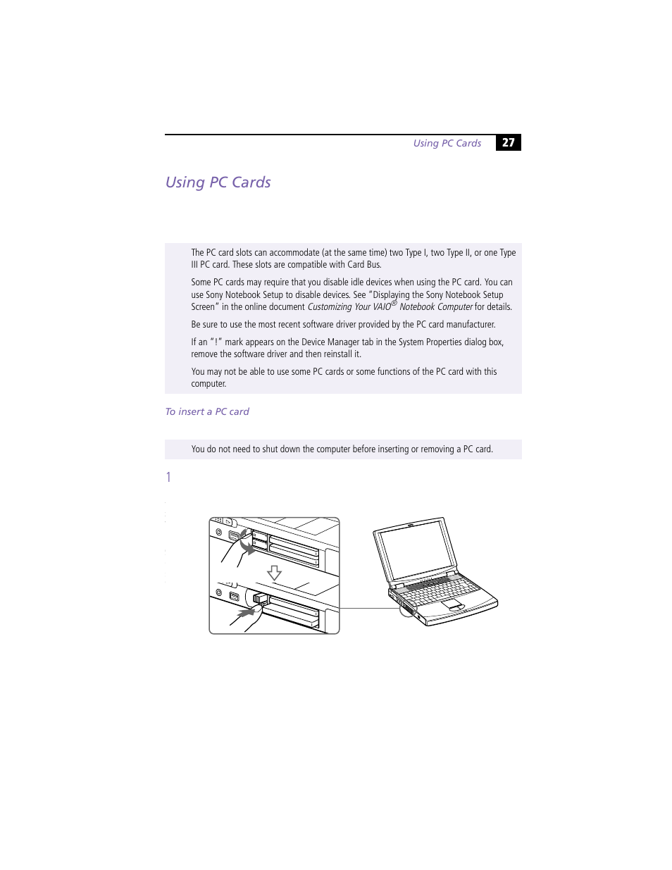 Using pc cards, To insert a pc card | Sony PCG-F360 User Manual | Page 37 / 98