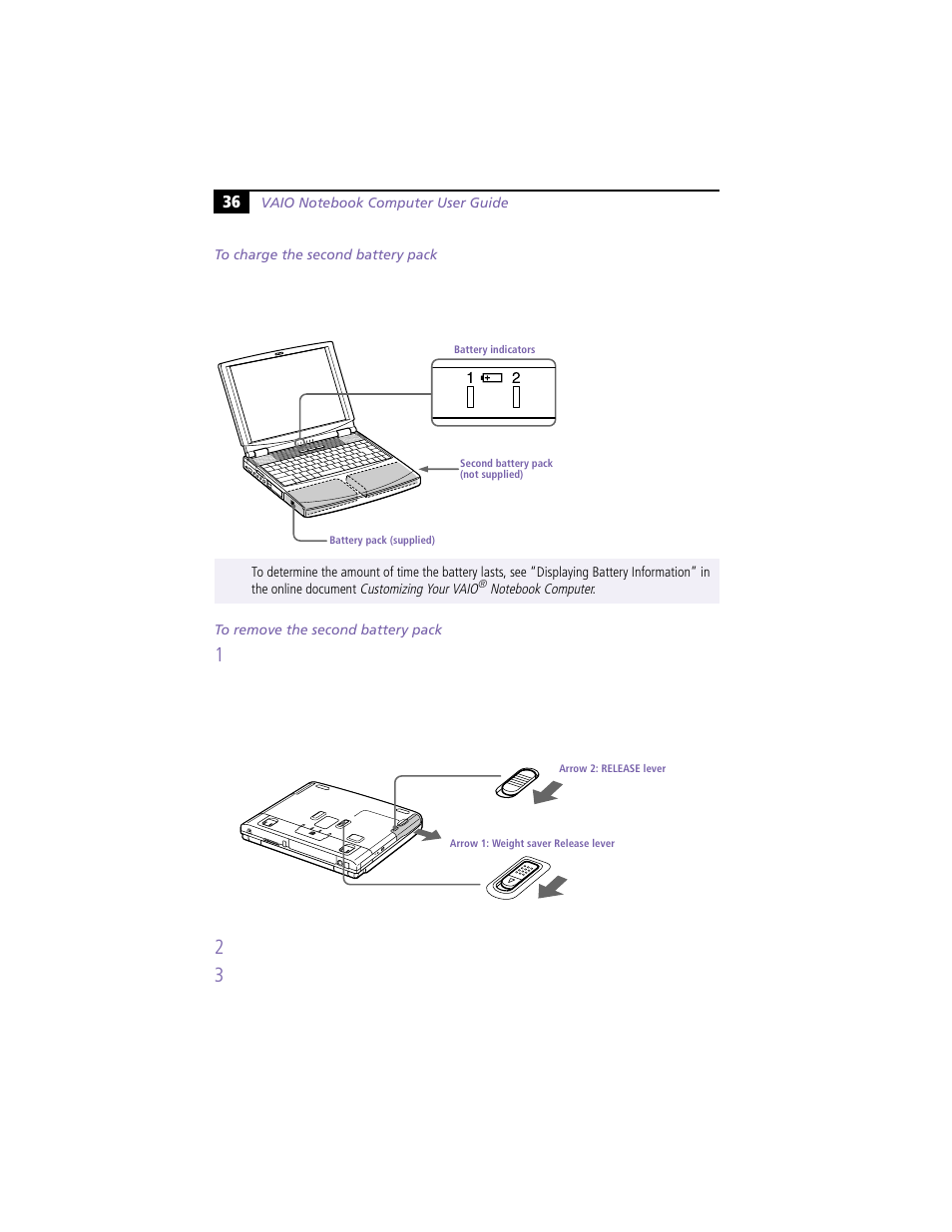 To charge the second battery pack, To remove the second battery pack | Sony PCG-F360 User Manual | Page 46 / 98