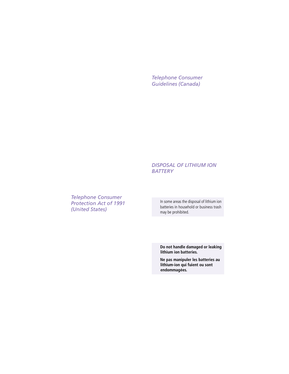 Telephone consumer guidelines (canada), Disposal of lithium ion battery | Sony PCG-F360 User Manual | Page 5 / 98