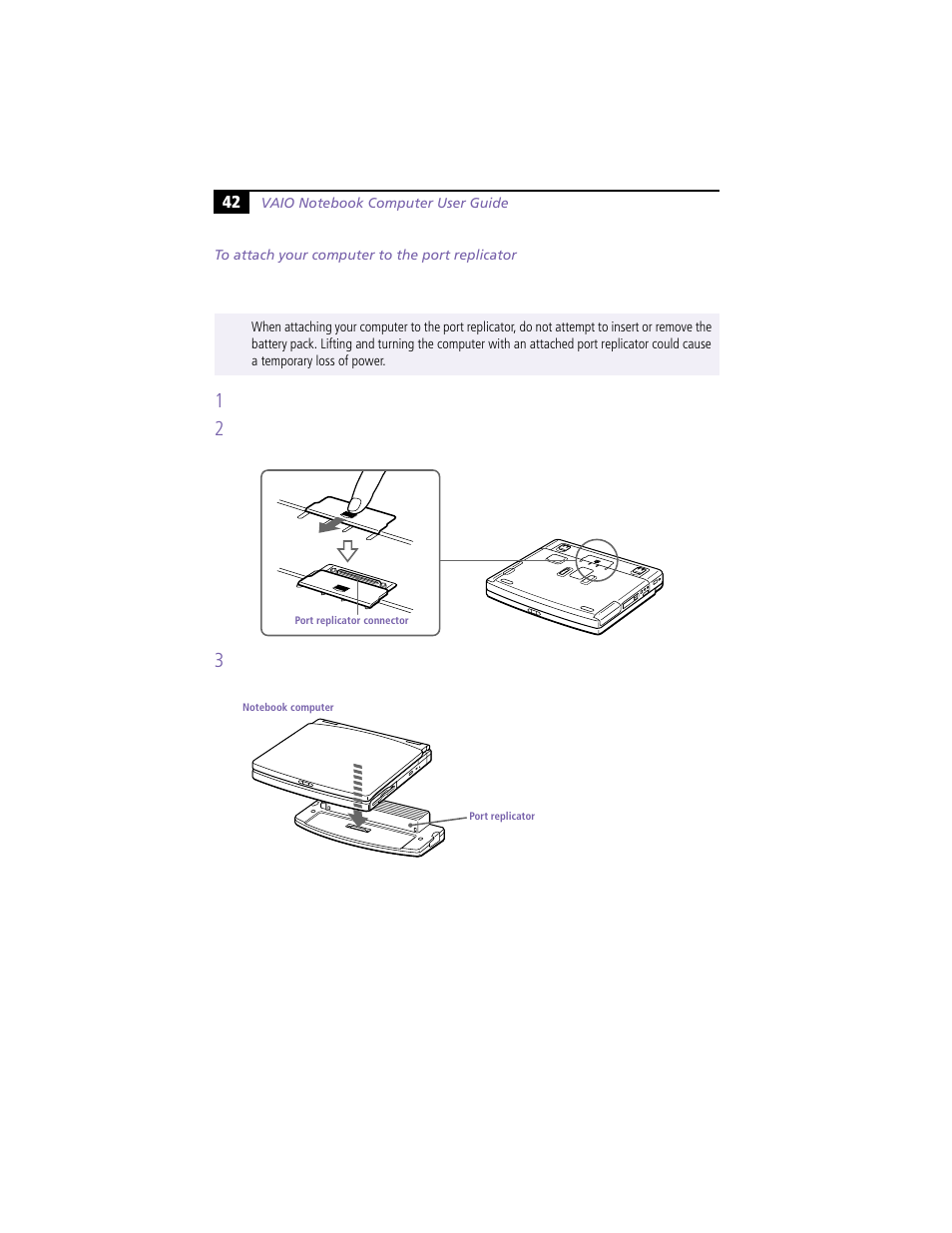 To attach your computer to the port replicator | Sony PCG-F360 User Manual | Page 52 / 98