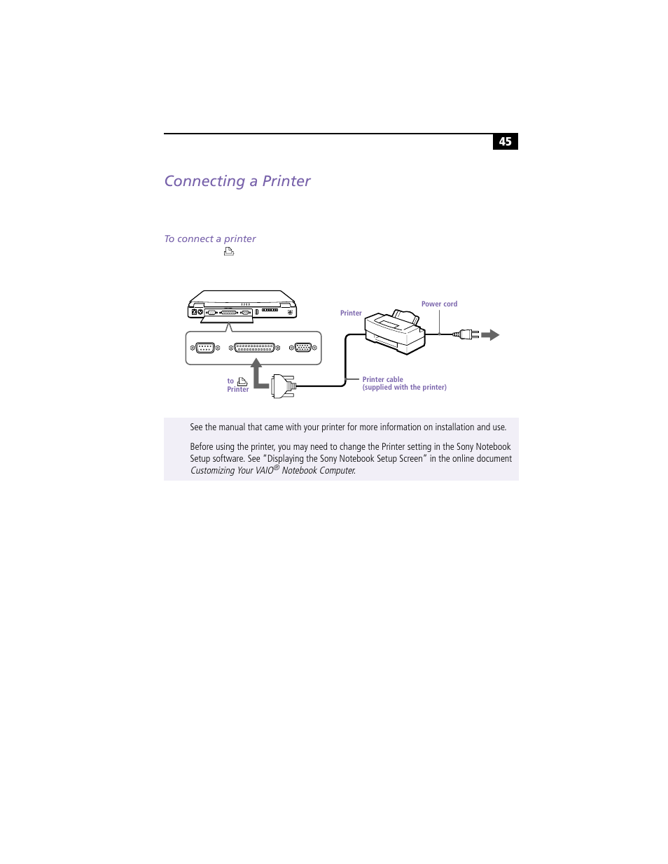 Connecting a printer, To connect a printer | Sony PCG-F360 User Manual | Page 55 / 98