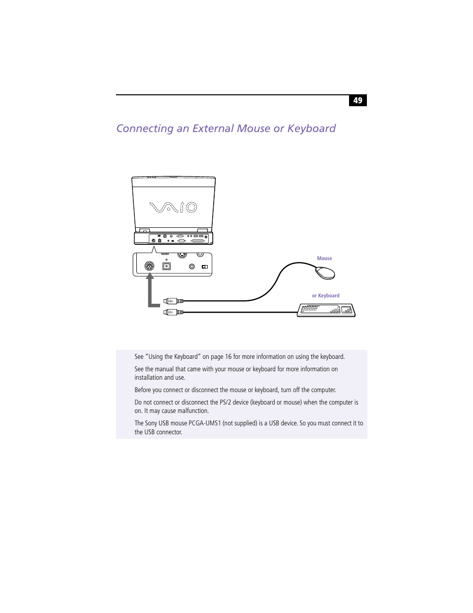 Connecting an external mouse or keyboard | Sony PCG-F360 User Manual | Page 59 / 98