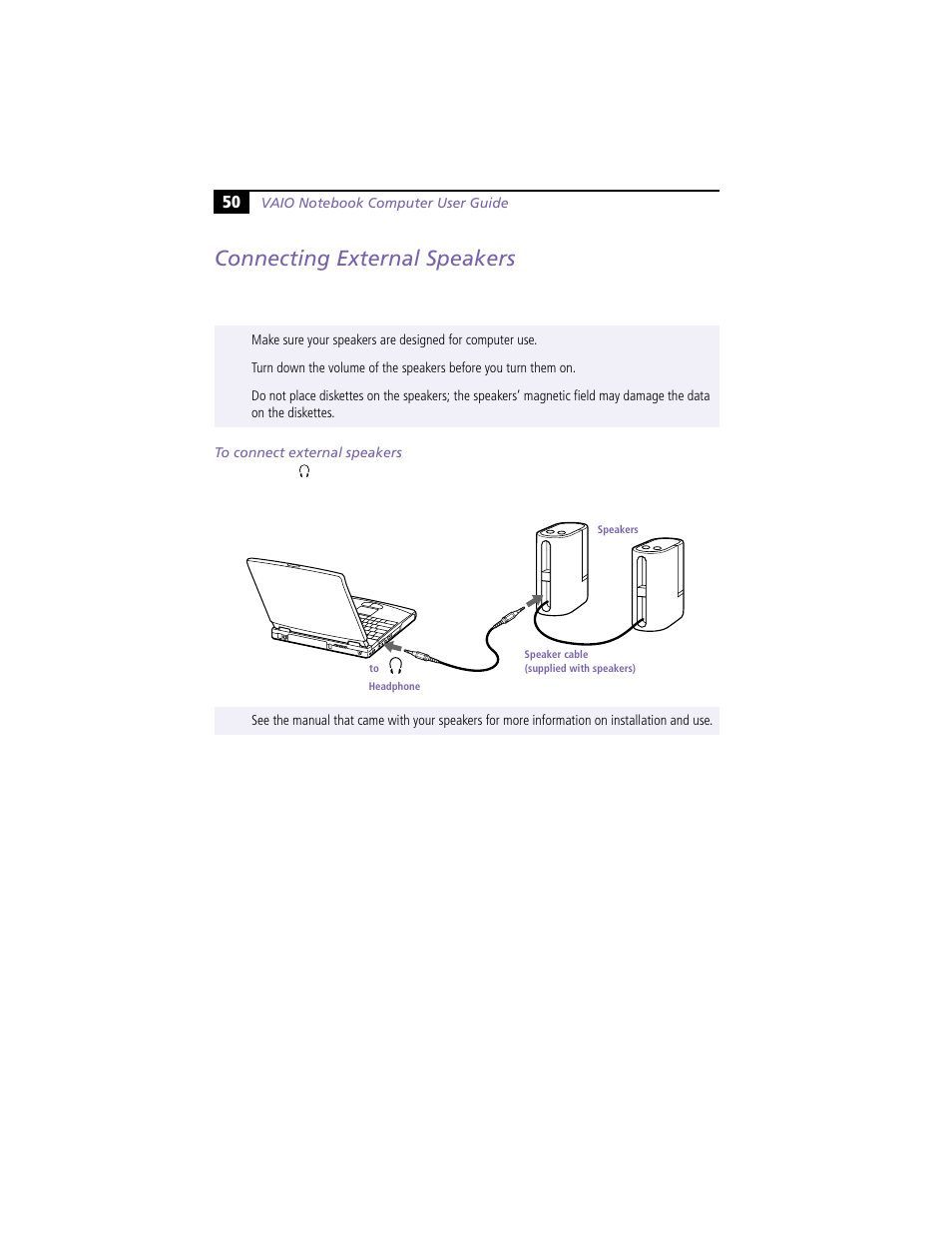 Connecting external speakers, To connect external speakers | Sony PCG-F360 User Manual | Page 60 / 98