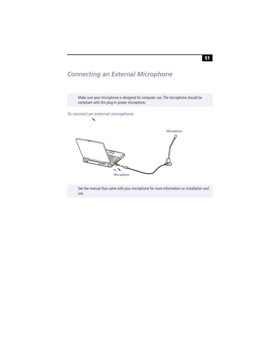 Connecting an external microphone, To connect an external microphone | Sony PCG-F360 User Manual | Page 61 / 98