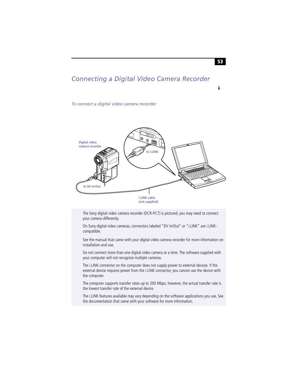 Connecting a digital video camera recorder, To connect a digital video camera recorder | Sony PCG-F360 User Manual | Page 63 / 98