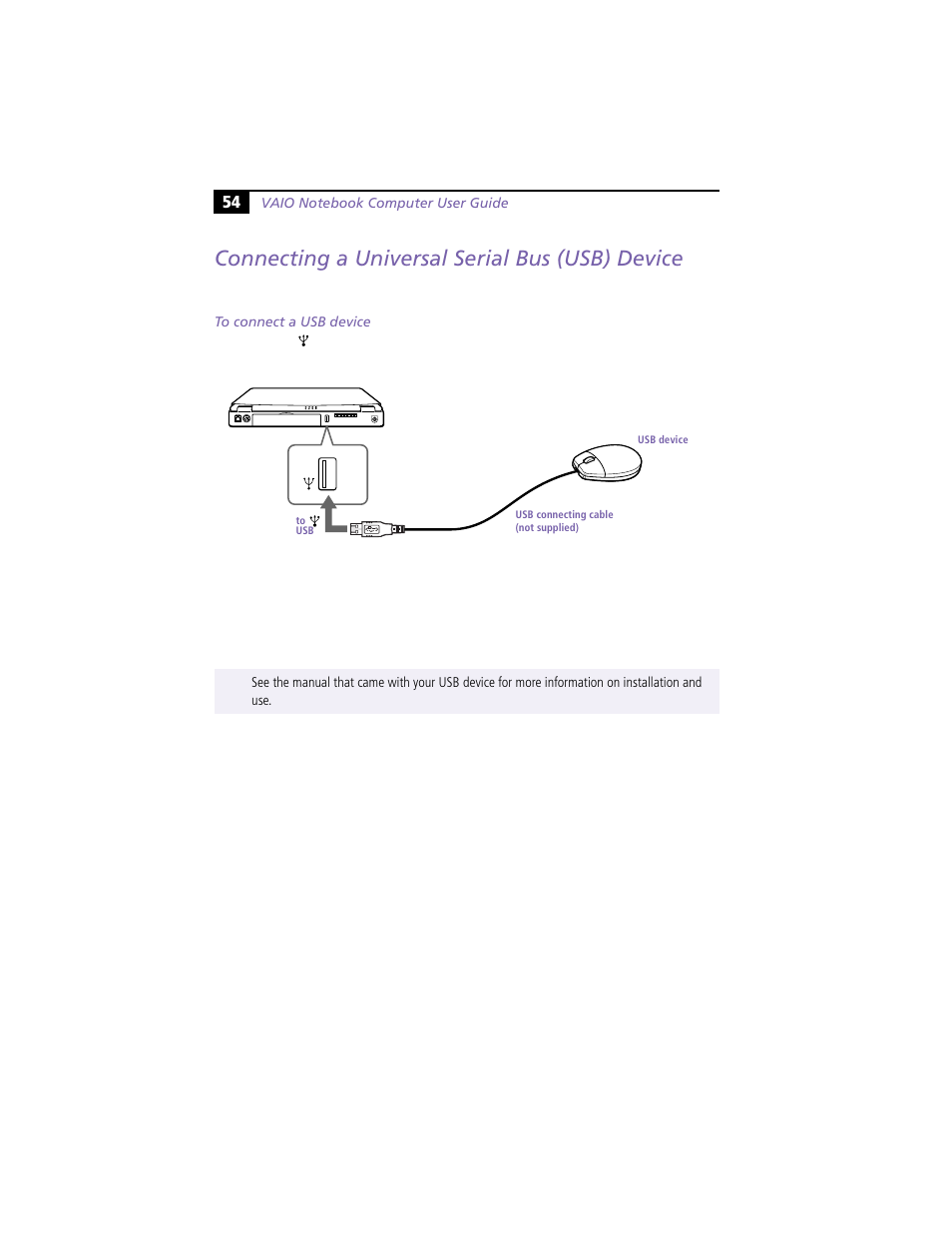 Connecting a universal serial bus (usb) device, To connect a usb device | Sony PCG-F360 User Manual | Page 64 / 98