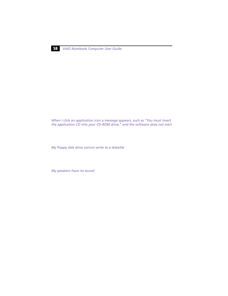 My floppy disk drive cannot write to a diskette, My speakers have no sound | Sony PCG-F360 User Manual | Page 68 / 98