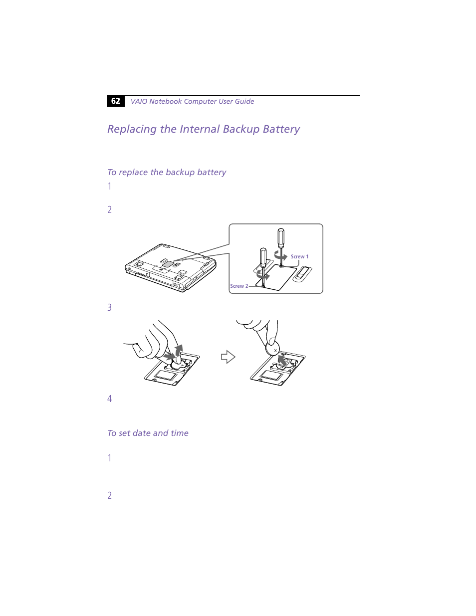 Replacing the internal backup battery, To replace the backup battery, To set date and time | Sony PCG-F360 User Manual | Page 72 / 98