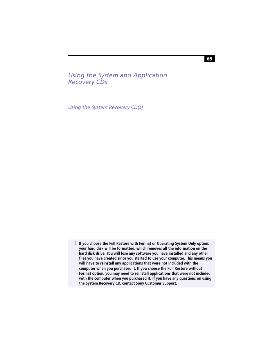 Using the system and application recovery cds, Using the system recovery cd(s) | Sony PCG-F360 User Manual | Page 75 / 98