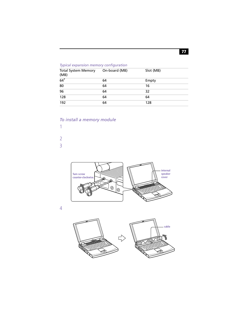 Typical expansion memory configuration, To install a memory module | Sony PCG-F360 User Manual | Page 87 / 98