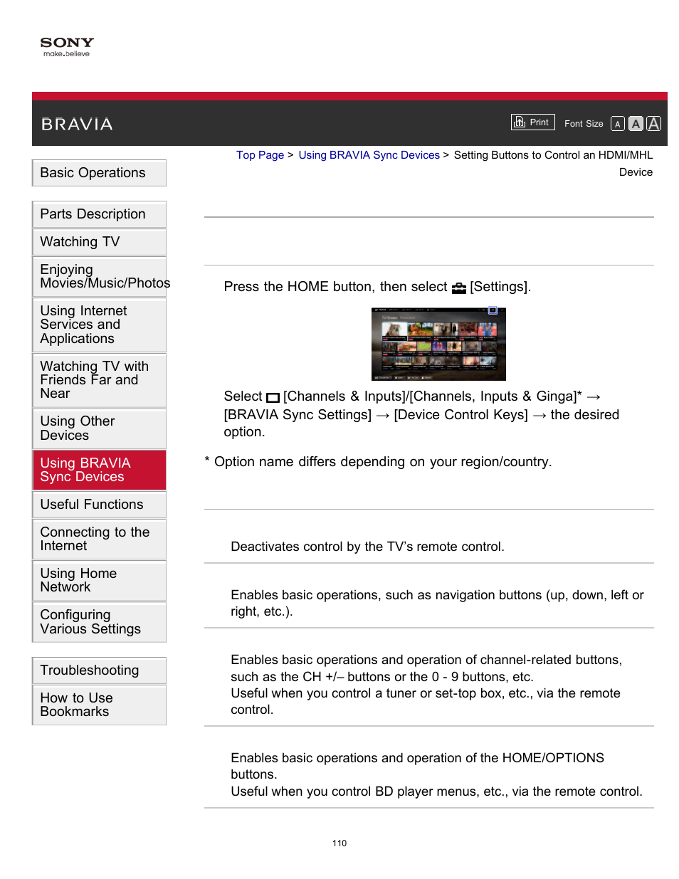 Setting buttons to control an hdmi/mhl device | Sony KDL-60W850B User Manual | Page 116 / 245