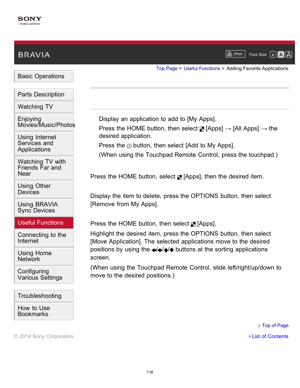 Adding favorite applications | Sony KDL-60W850B User Manual | Page 122 / 245