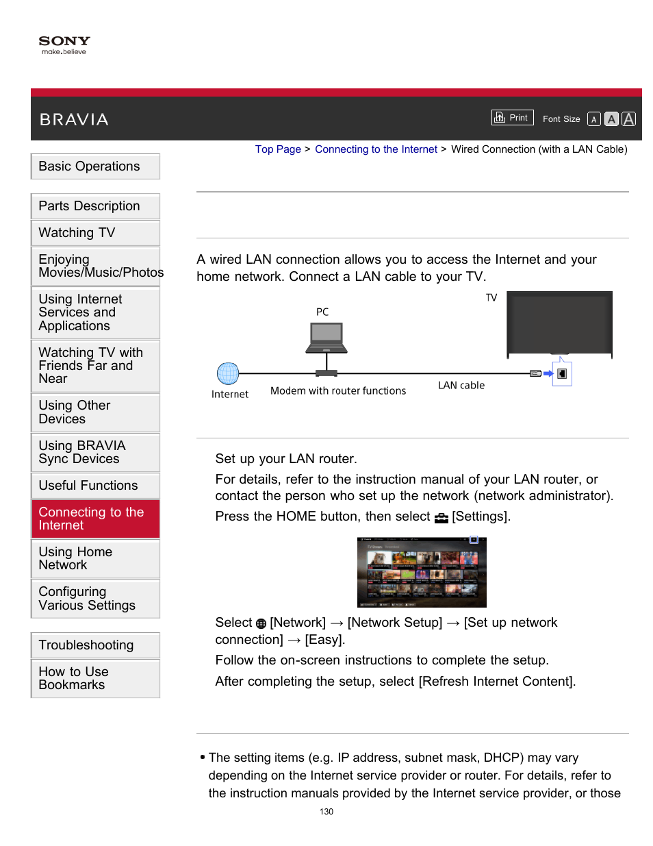 Wired connection (with a lan cable) | Sony KDL-60W850B User Manual | Page 136 / 245