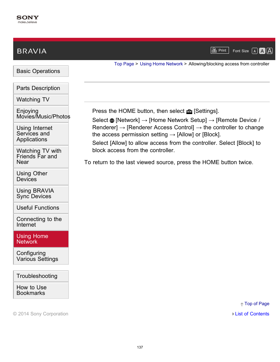 Allowing/blocking access from controller | Sony KDL-60W850B User Manual | Page 143 / 245