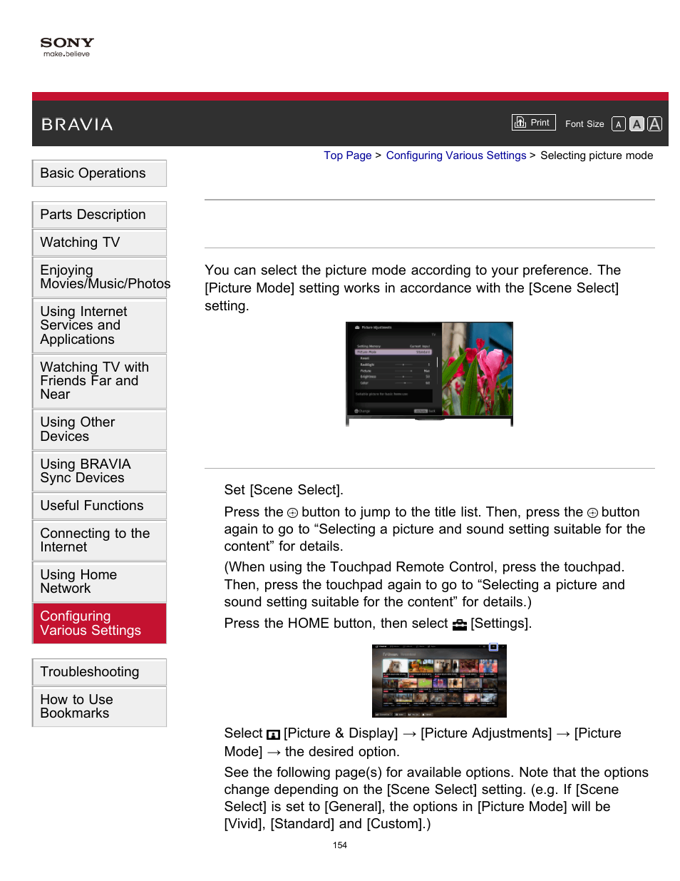 Selecting picture mode | Sony KDL-60W850B User Manual | Page 160 / 245