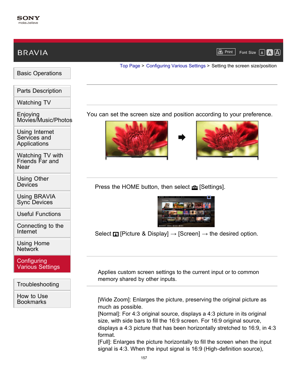 Setting the screen size/position | Sony KDL-60W850B User Manual | Page 163 / 245