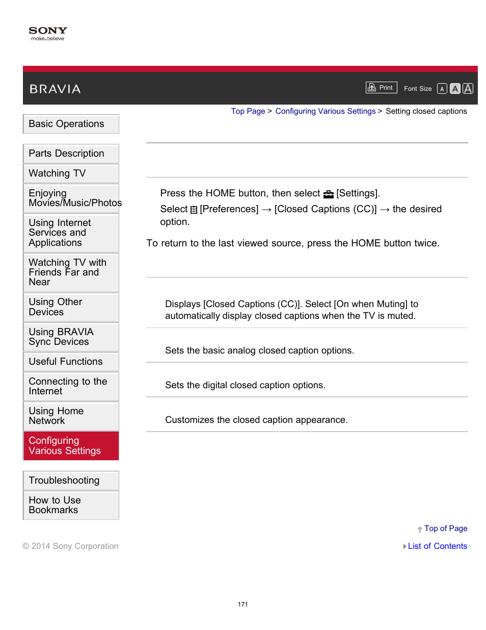Setting closed captions | Sony KDL-60W850B User Manual | Page 177 / 245