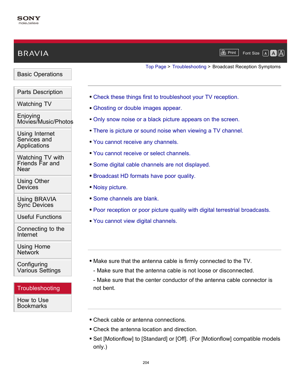 Broadcast reception symptoms | Sony KDL-60W850B User Manual | Page 210 / 245