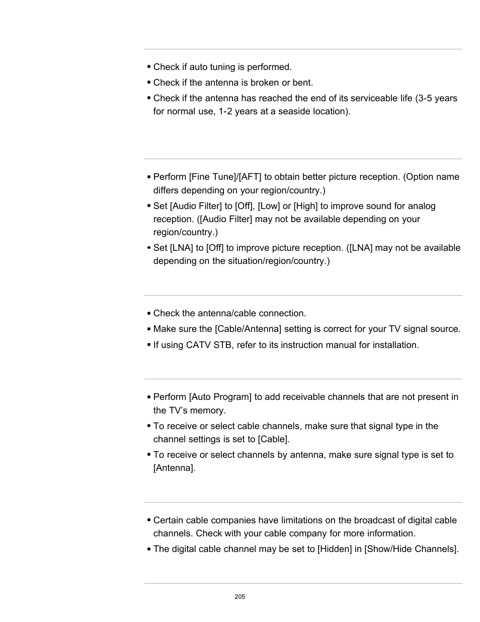You cannot receive any channels, You cannot receive or select channels, Some digital cable channels are not displayed | Broadcast hd formats have poor quality | Sony KDL-60W850B User Manual | Page 211 / 245