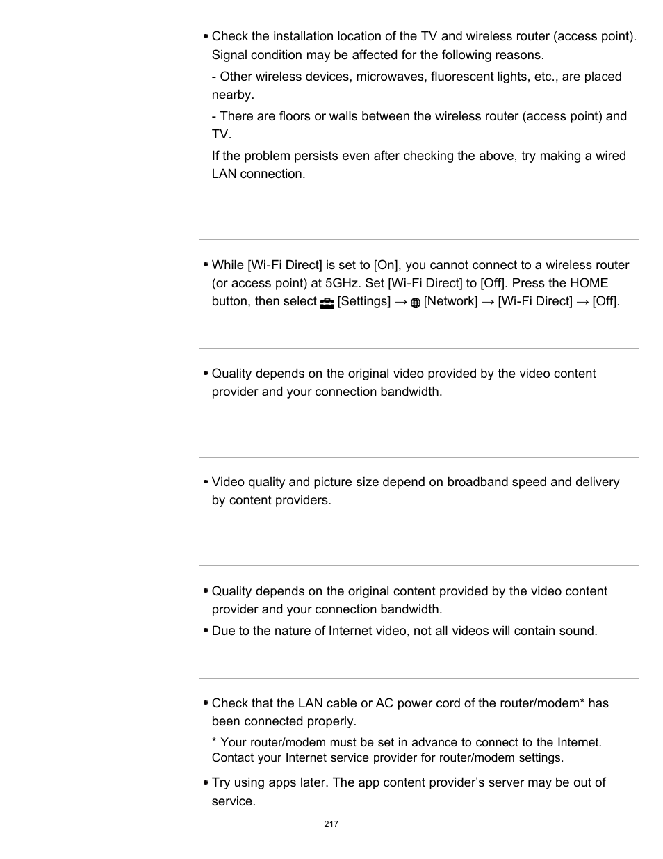 Poor picture on internet videos, Apps are inaccessible | Sony KDL-60W850B User Manual | Page 223 / 245