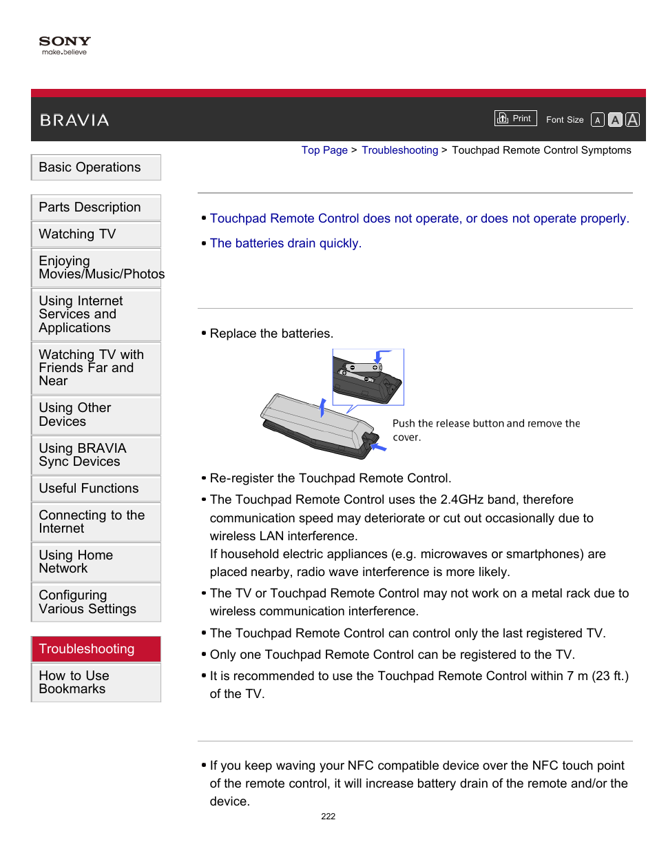 Touchpad remote control symptoms | Sony KDL-60W850B User Manual | Page 228 / 245