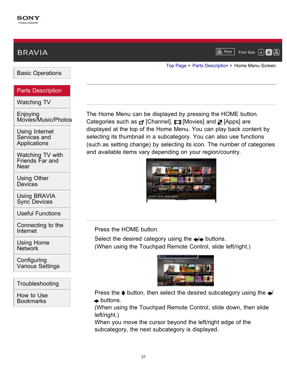 Home menu screen | Sony KDL-60W850B User Manual | Page 33 / 245