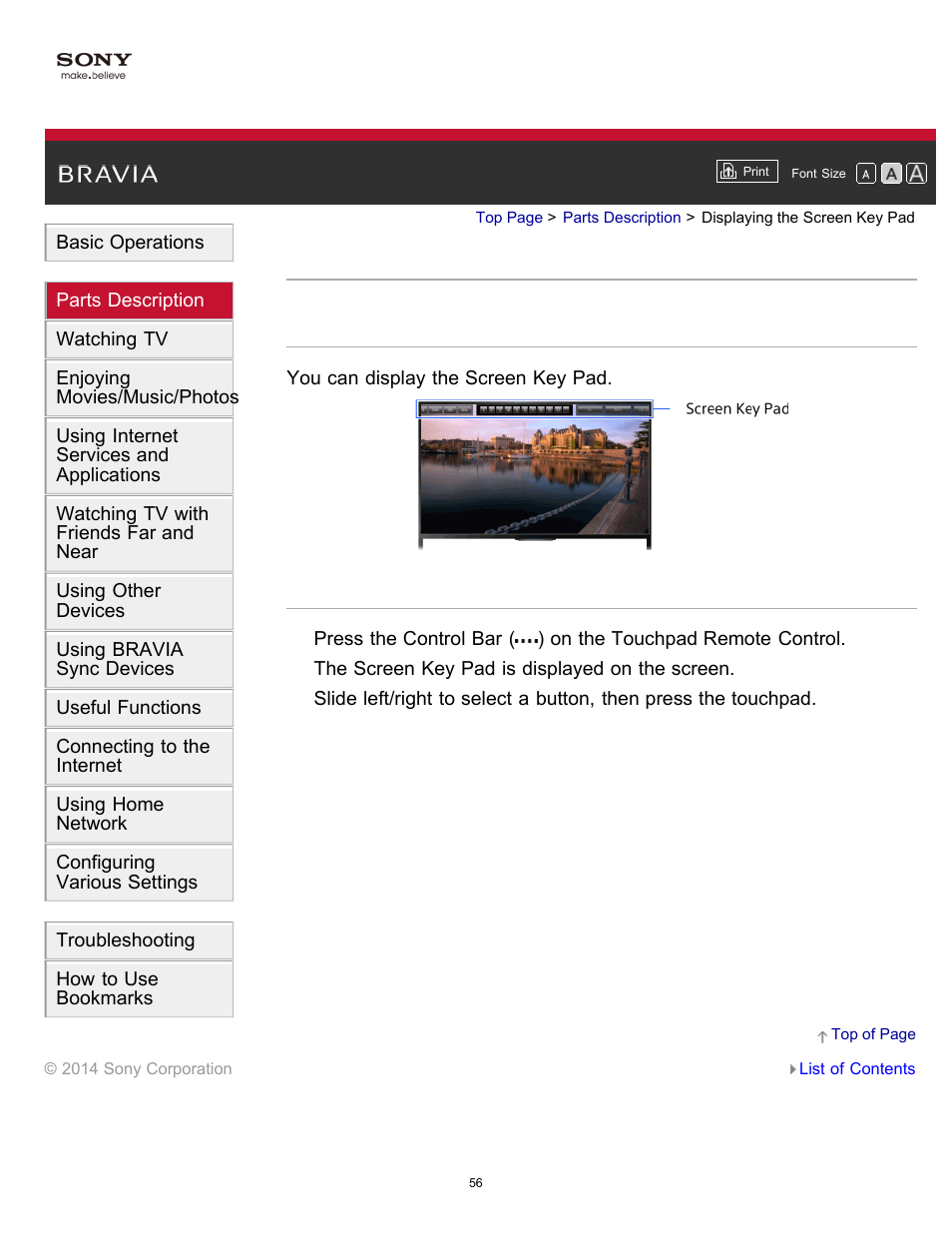 Displaying the screen key pad, Control bar ( ) | Sony KDL-60W850B User Manual | Page 62 / 245