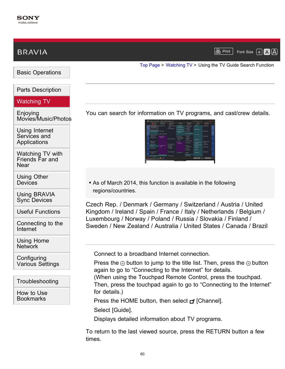 Using the tv guide search function | Sony KDL-60W850B User Manual | Page 66 / 245