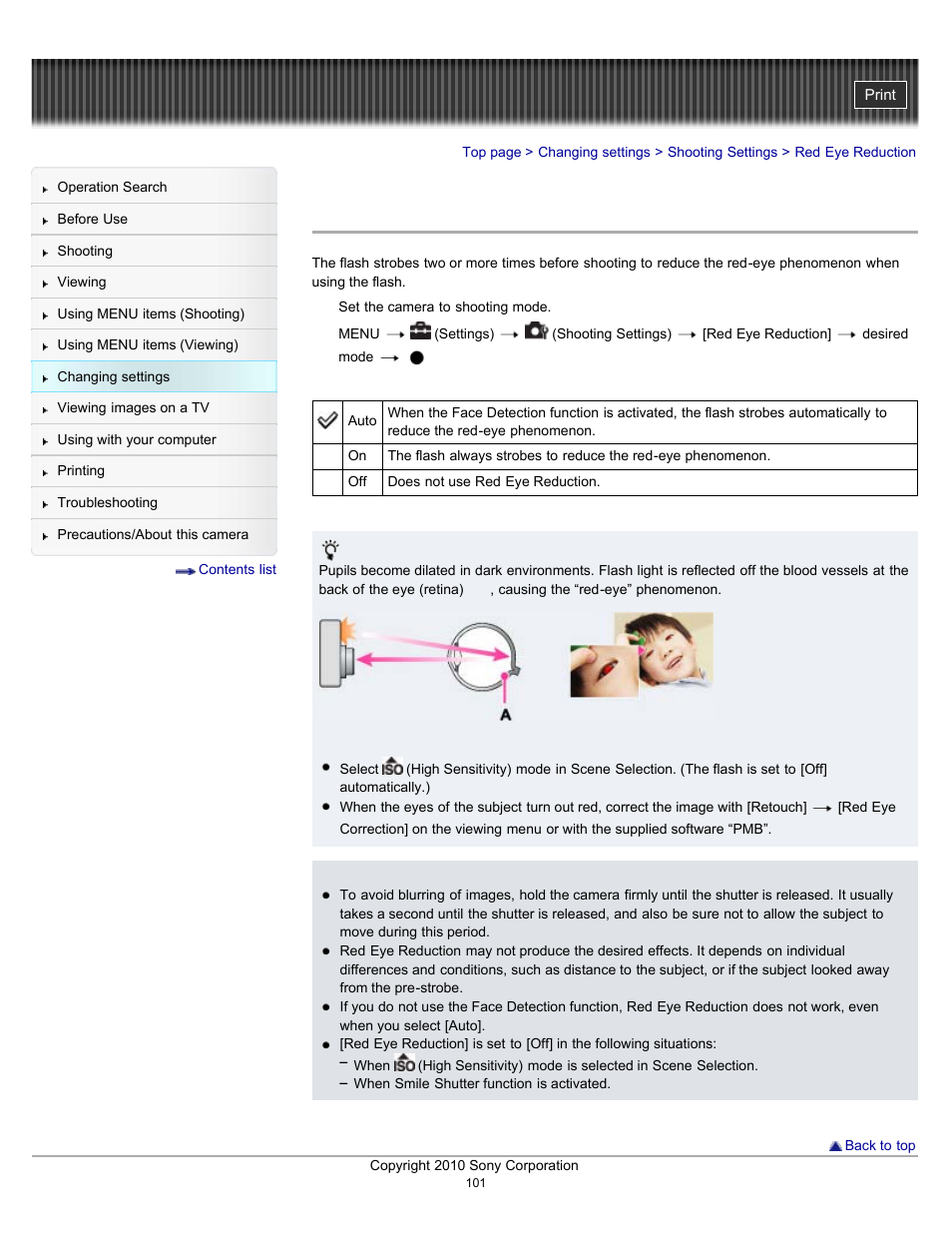 Red eye reduction | Sony DSC-W530 User Manual | Page 101 / 167