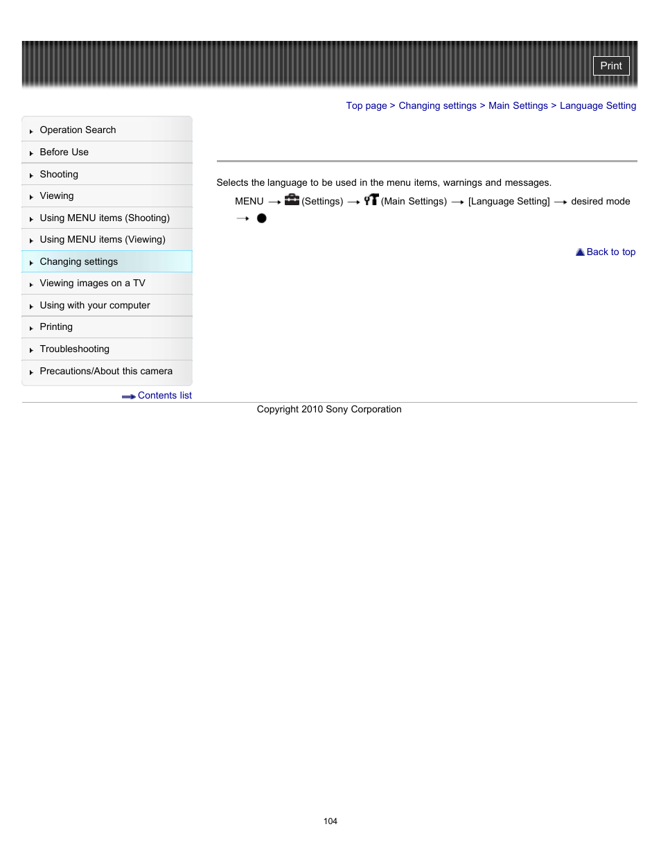 Language setting | Sony DSC-W530 User Manual | Page 104 / 167